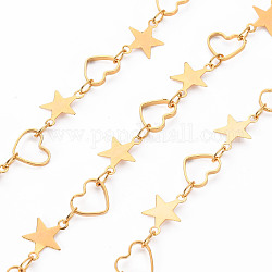 Handmade Brass Link Chains, Soldered, with Spool, Star with Heart, Real 18K Gold Plated, 3.7x2.3x0.5mm, about 16.4 Feet(5m)/roll