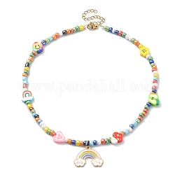Collier pendentif arc-en-ciel en alliage émaillé, fleur, cœur et champignon, argile polymère et collier de perles de graines, colorées, 14.17 pouce (36 cm)