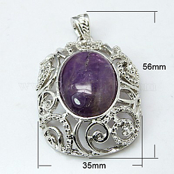 Gemstone Big Pendants, with Alloy Findings, Amethyst, Oval, Antique Silver Color, Purple, 56x35x15mm, Hole: 4x7mm