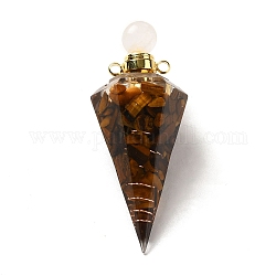 Natural Tiger Eye Perfume Bottle Pendants, Resin Faceted Cone Charms with Golden Plated Brass Screw Cap, 46.5~48x19~20x17~18mm, Hole: 1.8mm