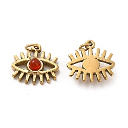 Amuletos de ojo de cornalina natural, con revestimiento de iones (ip) 304 accesorios de acero inoxidable y anillo de salto, real 18k chapado en oro, 12.5x13x4mm, agujero: 2.6 mm