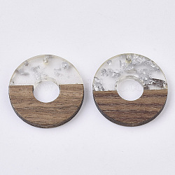 Colgantes de resina transparente y madera de nogal, con papel de plata, encerado, donut / pi disc, plata, ancho de la rosquilla: 13 mm, 28x4mm, agujero: 2 mm