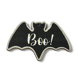 Gros pendentifs en bois imprimé simple face halloween, breloques en forme de chauve-souris avec boo, noir, 34.5x54.5x2.5mm, Trou: 2.5mm