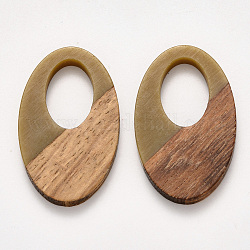Pendentifs en bois de résine et de noyer, ciré, ovale, kaki foncé, 35.5x21.5x3~4mm, Trou: 16x10mm