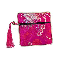 Pochette cadeau de sac de bijoux de fermeture éclair de gland de brocart chinois, carré avec motif de fleurs, support violet rouge, 11.5~11.8x11.5~11.8x0.4~0.5 cm