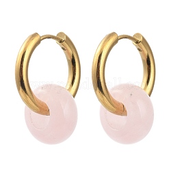 304 Stainless Steel Huggie Hoop Earrings, with 316 Surgical Stainless Steel Pin and Rondelle Natural Rose Quartz Beads, Golden, 25mm, Pin: 0.9mm