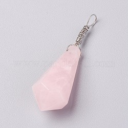 Pendentifs de quartz rose naturel, avec les accessoires en laiton, cône, platine, 44~46x14~15mm, Trou: 4mm