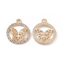 Ciondoli in lega strass di cristallo, anello con charms a farfalla, oro chiaro, 20x17x2.5mm, Foro: 2 mm