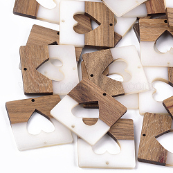 Resin & Walnut Wood Links connectors, Square with Heart, Creamy White, 38x38x4mm, Hole: 1.8mm
