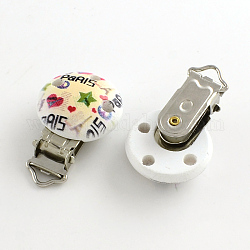 Printed Wooden Baby Pacifier Holder Clip with Iron Clasp, Flat Round, Platinum, Colorful, 28x28mm, Hole: 4mm