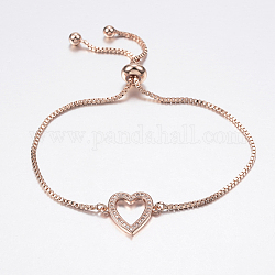 Bracelets bolo réglables en laiton, Bracelets coulissants, avec zircone et chaînes, cœur, or rose, 10-1/4 pouce (260 mm)