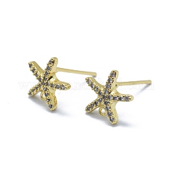 Accessoires de clous d'oreilles en laiton avec micro pavé zircone cubique, étoile de mer / étoiles de mer, avec boucle, or, 10x10x2mm, trou: 0.8 mm, broches: 0.6 mm