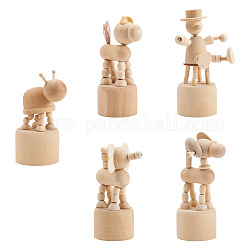 5 Stück 5 Stil Schima Holz DIY Hund & Elefant & Puppe & Schnecke Kleintier Desktop Ornamente, mit runder Basis, für die kreative Spielzeugdekoration zu Hause, Weizen, 1pc / style