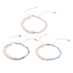3 Uds. Conjunto de pulseras de cuentas trenzadas de perlas naturales y semillas de vidrio de 3 colores, pulseras ajustables de nailon, color mezclado, diámetro interior: 1-7/8 pulgada (4.65 cm), 1pc / color