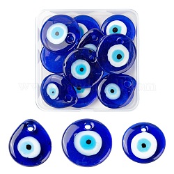 12pcs 3 Art handgemachte Bunte Malerei-Anhänger des bösen Blicks, flach tropfen & flach rund, Blau, 30~35x5~6 mm, Bohrung: 3~4 mm, 4pcs / style