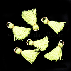 Algodon poli (poliéster algodón) decoraciones colgantes borla, Mini borla, Con fornituras de hierro y cordón metálico., la luz de oro, amarillo verdoso, 10~15x2~3mm, agujero: 1.5 mm
