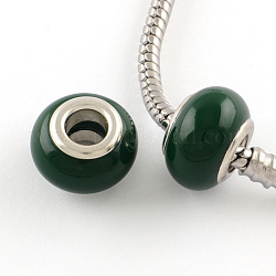 Résine rondelle grand trou perles européennes, avec noyaux en laiton plaqué couleur argent, vert foncé, 13~14x9mm, Trou: 5mm