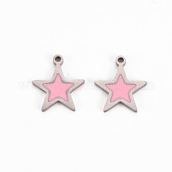 304 Stainless Steel Enamel Charms, Stainless Steel Color, Star, Pink, 11.5x10x1mm, Hole: 1mm