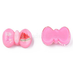 Printed Translucent Epoxy Resin Cabochons, Bowknot with Flower & Watermelon, Hot Pink, 11x17.5x7mm