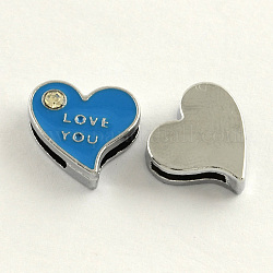Platinum Tone Alloy Enamel Rhinestone Slide Charms, Heart with Words Love You, For Valentine's Day, DeepSky Blue, 14x13x4mm, Hole: 9x2mm