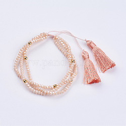 Braccialetti di vetro multi-strand, con perle tonde in ottone e pendenti con nappa in corda di nylon, peachpuff, 2 pollice (52 mm)