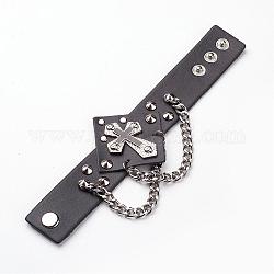 Bracelets rivet en cuir de vachette style punk rock, avec chaîne torsadée en fer et accessoires en alliage, Croix d'émail, noir, 220x31x2 mm (8-5/8 pouces x 1-1/4 pouces)