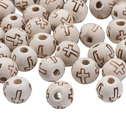 Perles en bois rondes naturelles, perles d'espacement en bois non finies, avec motif en croix, sans plomb, non teint, beige, 10x8mm, Trou: 2mm