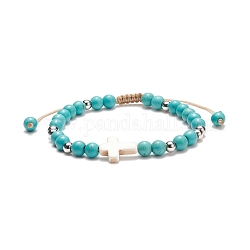 Bracelet de perles tressées en turquoise synthétique (teintes) avec croix en magnésite synthétique, bijoux en pierres précieuses pour femmes, diamètre intérieur: 2-1/8~3-1/8 pouce (5.5~8 cm)
