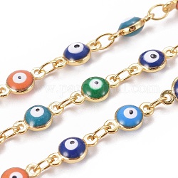 Handmade Enamel Beaded Chains, with Brass Chains, with Spool, Soldered, Flat Round with Evil Eye, Golden, Mixed Color, 4.5mm, Link: 9x4.5x3mm and 3.5~4x2.5x0.4mm, about 32.8 Feet(10m)/roll