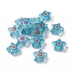 Perles acryliques transparentes imprimées, jouer avec motif de fleurs, turquoise foncé, 9x10x4mm, Trou: 1.6mm