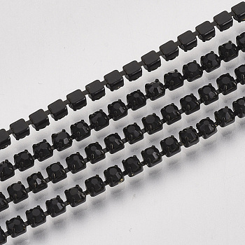 Electrophoresis Iron Rhinestone Strass Chains, Rhinestone Cup Chains, with Spool, Jet, SS12, 3~3.2mm, about 10yards/roll