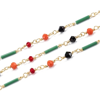 Brass Handmade Beaded Chains, with Colorful Faceted Glass Beads, Long-Lasting Plated, Unwelded, with Spool, Long Column, Light Gold, Column:19x2mm, bead: 12x3.5/12x4/13x4.5mm