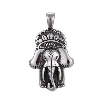 304 Edelstahl große Anhänger, Hamsa Hand mit Elefanten, Hindu elefanten gott lord ganesh statue, Antik Silber Farbe, 50x29x6.5 mm, Bohrung: 4x7 mm