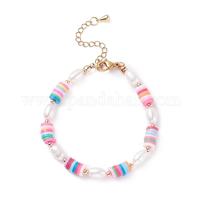 Silver- Pink Clay Bead Pearl Bracelet