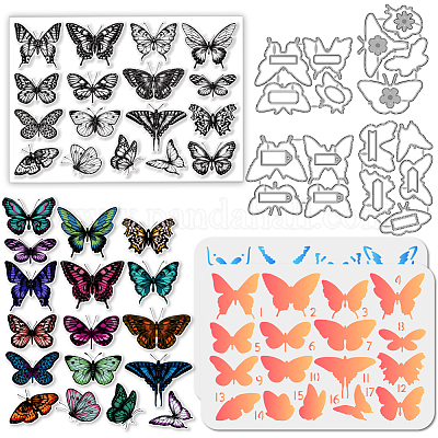 4 Stück Schmetterlings-Stanzschablonen aus Kohlenstoffstahl mit ausgehöhlten Zeichen- und Malschablonen-Sets mit Haustieren und 1 Stück PVC-Kunststoffstempel&nbsp;DIY-GL0004-149-1