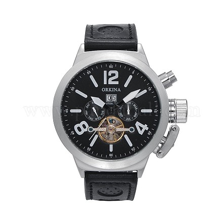 男性の304のステンレススチールレザー機械式腕時計  ブラック  275x24mm  ウォッチヘッド：60x60x15mm  ウオッチフェス：44mm WACH-N044-01B-1