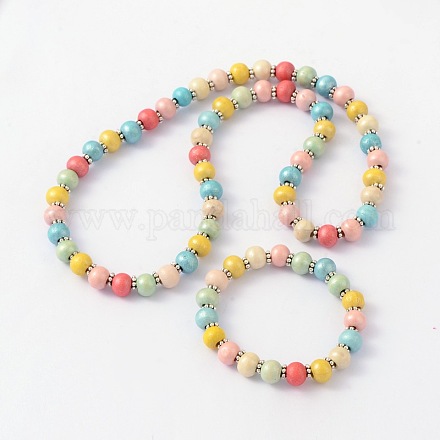 Children's Day Gift Dyed Drum Wood Beaded Kids Necklaces & Stretch Bracelets Jewelry Sets SJEW-JS00859-1