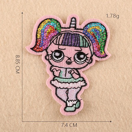 機械刺繍布地手縫い/アイロンワッペン  マスクと衣装のアクセサリー  パイルレットアップリケ  女の子  ピンク  8.85x7.4cm DIY-F030-14D-1