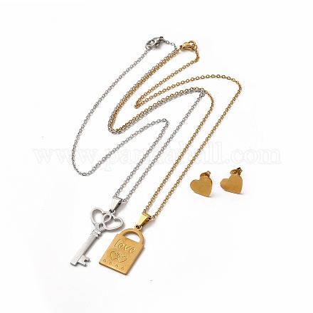 Corazón llave maestra y candado pareja colgante collares y aretes SJEW-E045-02GP-1