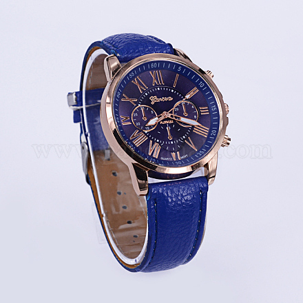 高品質ユニセックス合金PUレザークォーツ腕時計  ブルー  240x18~20x3.5~4mm、頭を見て：47x42.5x9mm X-WACH-L035-25G-1