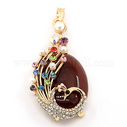 Multi-Color Alloy Rhinestone Peacock Setting with Oval Natural Gemstone Big Pendants G-M036-01G-1
