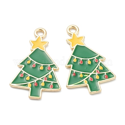 合金エナメルチャーム  クリスマスのために  ライトゴールドメッキ  クリスマスツリー  グリーン  26.5x16x1mm  穴：1mm ENAM-J649-34LG-A-1