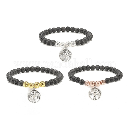 3 Stück 3-farbige natürliche Lavagestein-Stretch-Armbänder mit runden Perlen und Legierungs-Baum des Lebens-Anhängern BJEW-JB08315-1