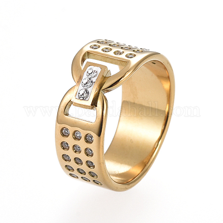 ユニセックス304ステンレススチールフィンガー指輪  ワイドバンドリング  クリスタルラインストーン付き  長方形  ゴールドカラー  サイズ6~9  16~19mm RJEW-I063-11G-1