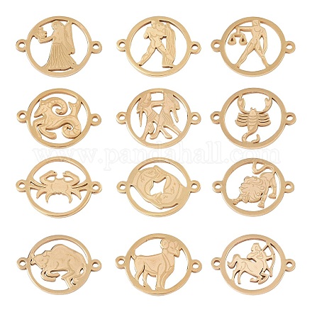 UNICRAFTALE 12pcs Zodiac Sign Stainless Steel Linking Charms Golden Flat Round with Constellations Links Connectors Metal Charms Connector Links for Jewelry Making STAS-UN0004-68G-1