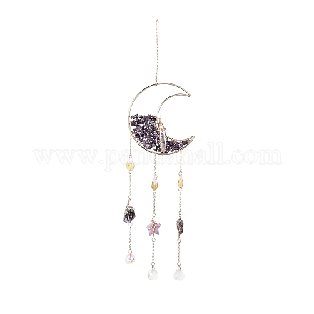 Natural Amethyst Chips Beaded Moon Hanging Sun Catchers HJEW-M004-02-1