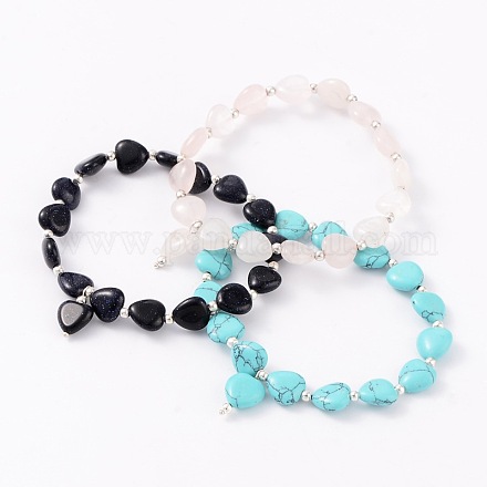 Heart Natural & Synthetic Mixed Stone Beads Charm Stretch Bracelets BJEW-JB02100-1