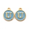 Golden Plated Alloy Enamel Charms, Cadmium Free & Lead Free, Enamelled Sequins, Flat Round, Sky Blue, Letter.U, 14x12x2mm, Hole: 1.5mm