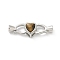 Brass Heart Fold Over Clasps, with Tiger Eye, Platinum, 25mm