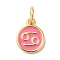 Real 18K Gold Plated Brass Enamel Charms, with Jump Ring, Long-Lasting Plated, Lead Free & Cadmium Free, Flat Round with Cancer Charms, Pearl Pink, 10x8x1mm, Hole: 4mm